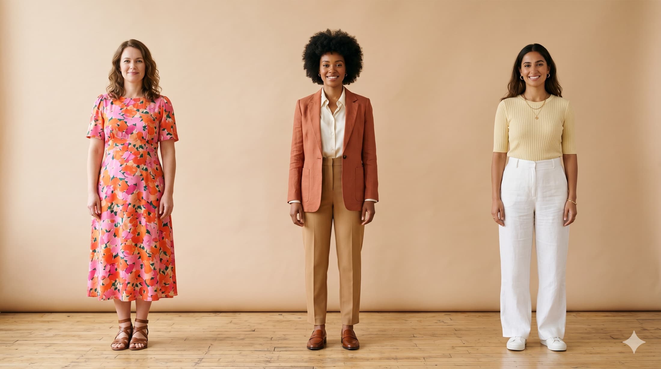 Three people with different body shapes wearing distinctive outfits