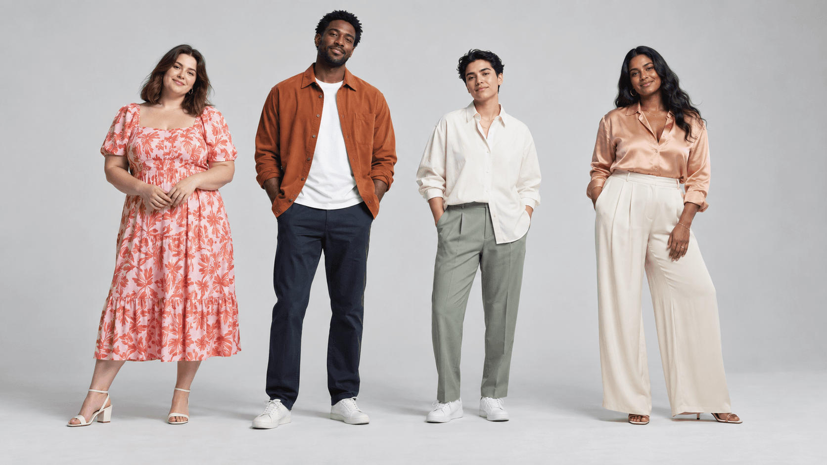 Illustrative studio image of four people with varied body shapes wearing a floral dress, a rust overshirt, and neutral tailored outfits.