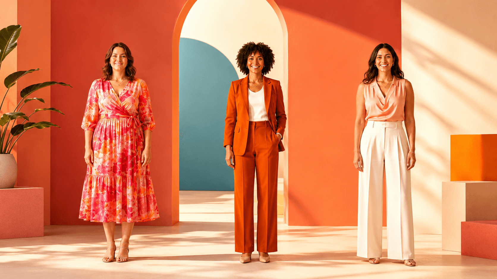 Three people with different body shapes wearing distinctive outfits